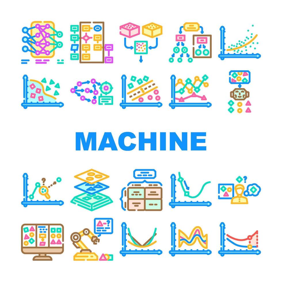 machine learning algorithm model icons set vector