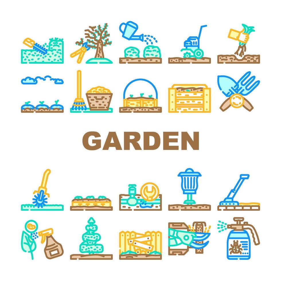 garden maintenance mulching icons set vector