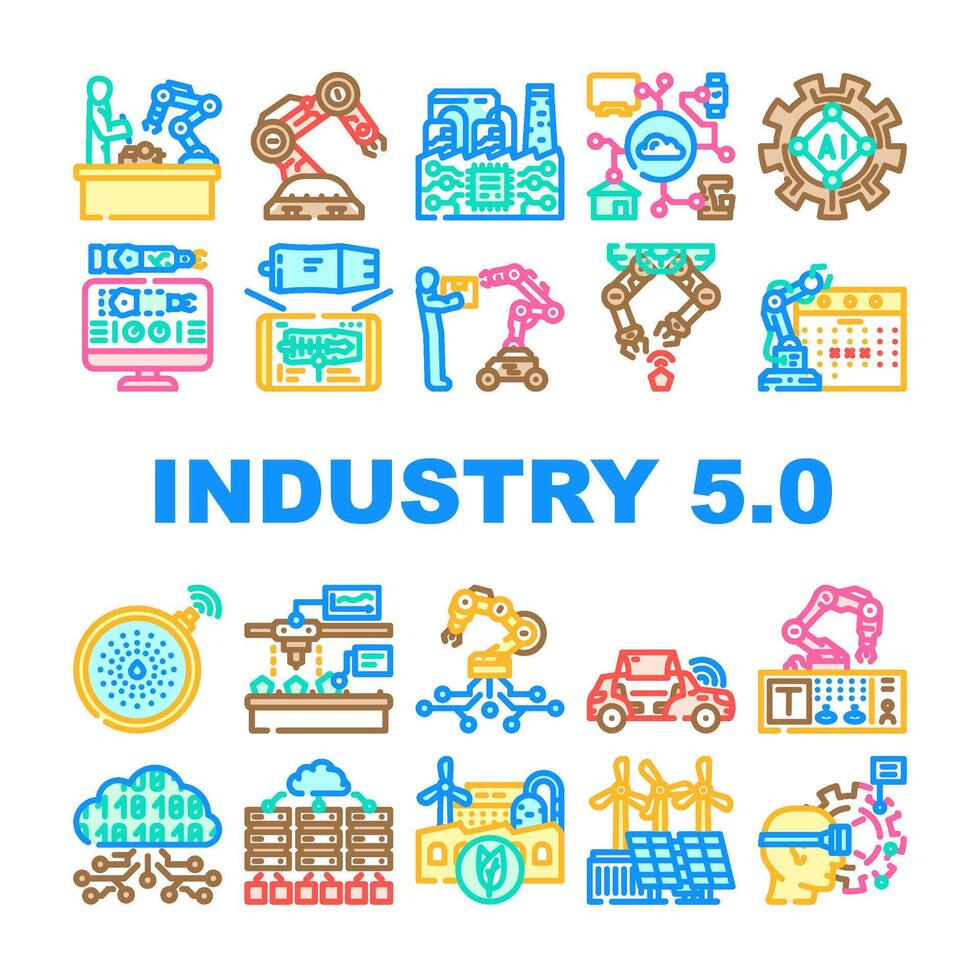 industry 5 automation robotics icons set vector