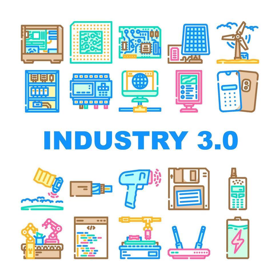 industry 3 automation robotics icons set vector