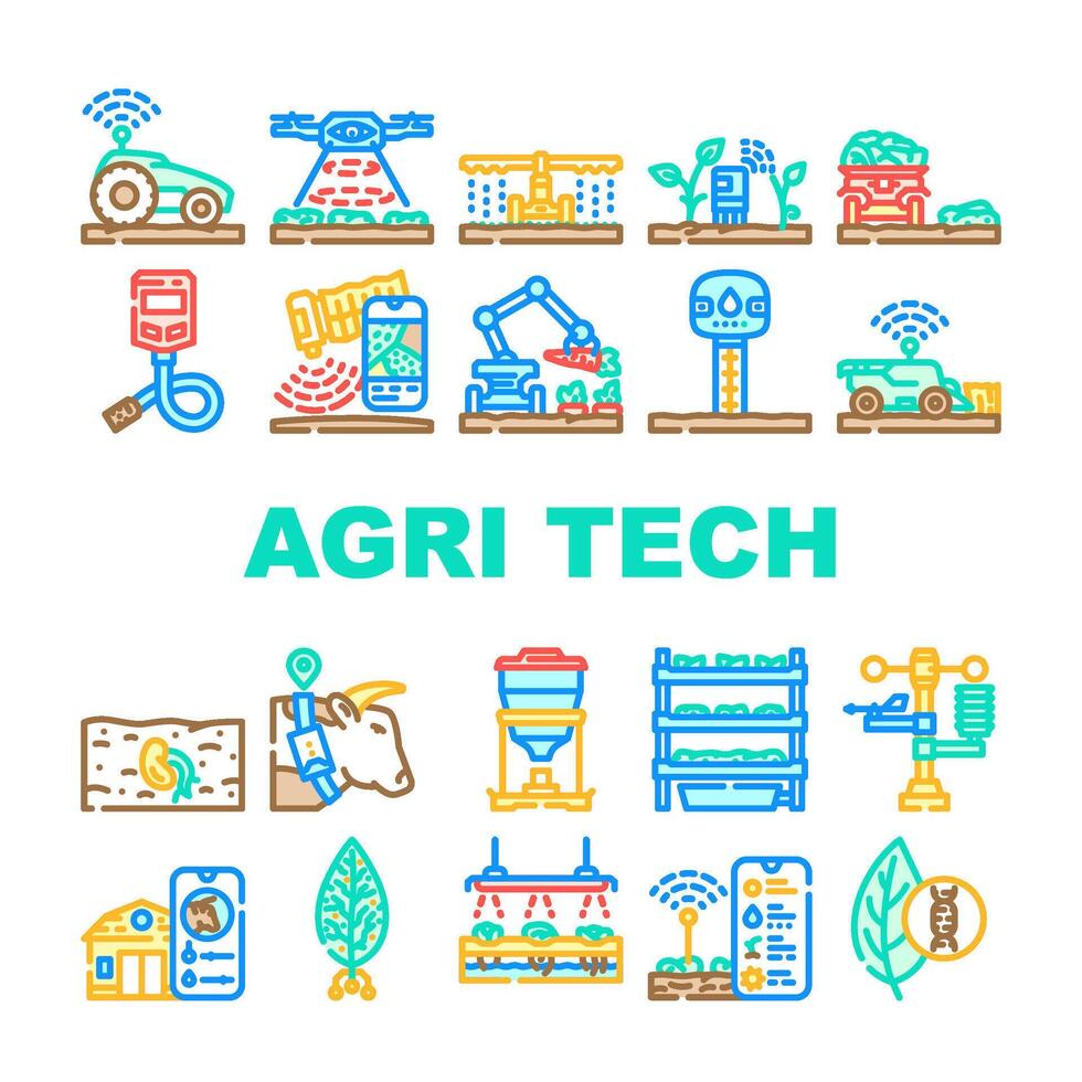 agri tech precision drones iot icons set vector