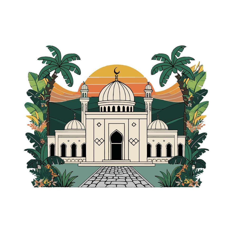 An illustration of a mosque with palm trees and a sunset vector