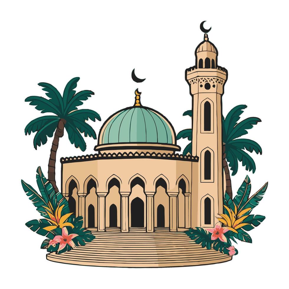 Islamic mosque with palm trees and flowers vector