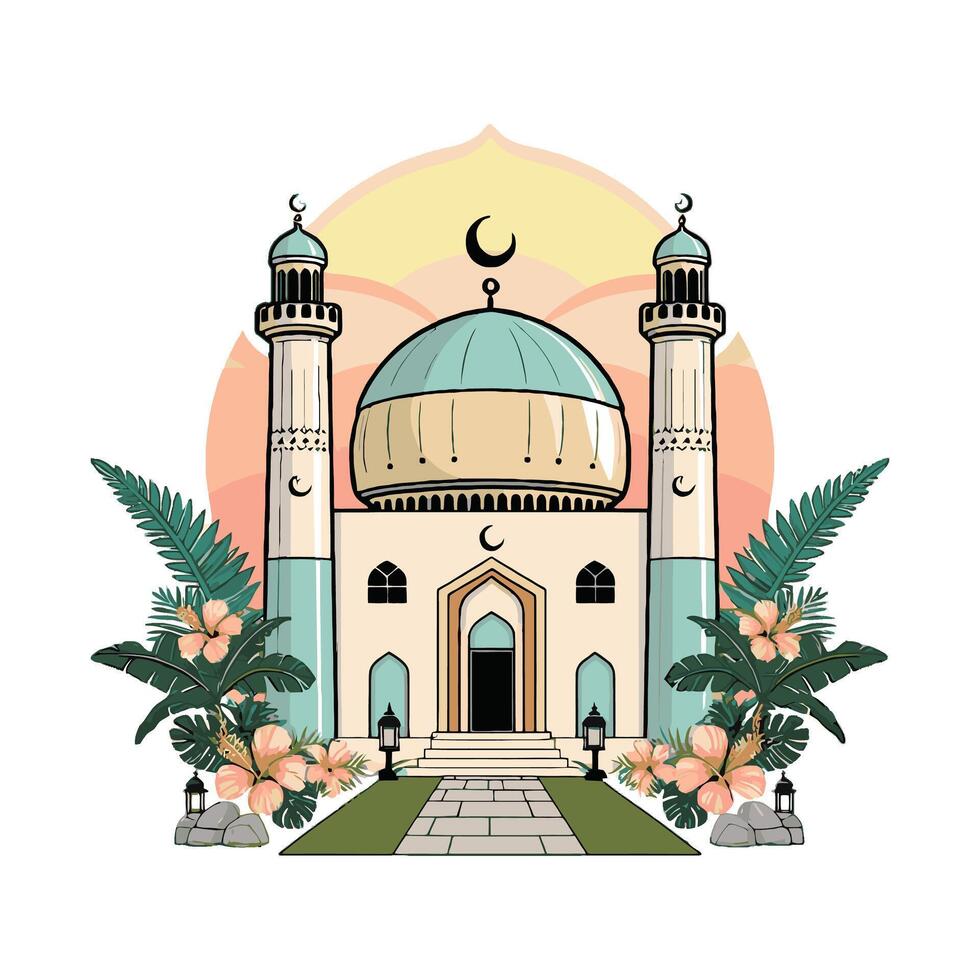 Islamic mosque with sunset view vector
