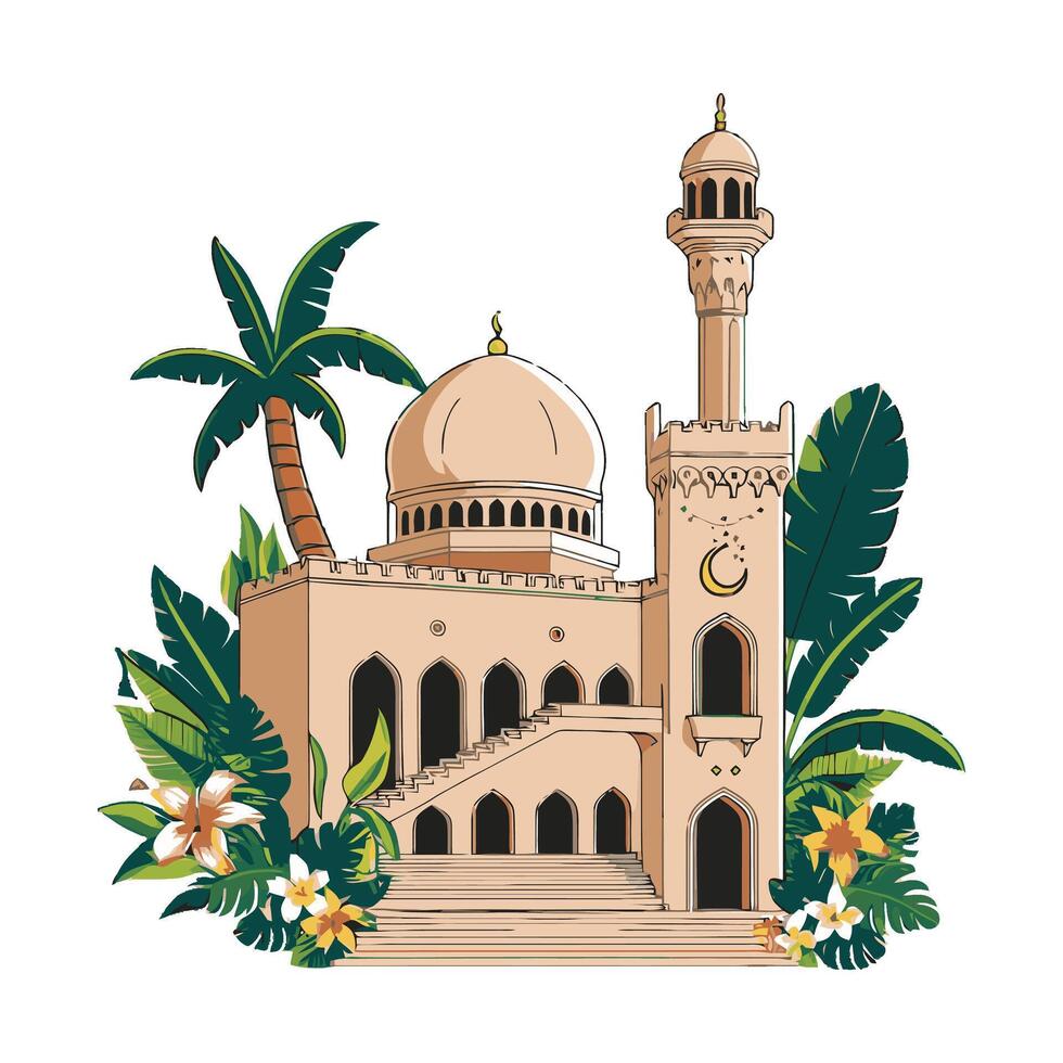 Islamic mosque with palm tree vector