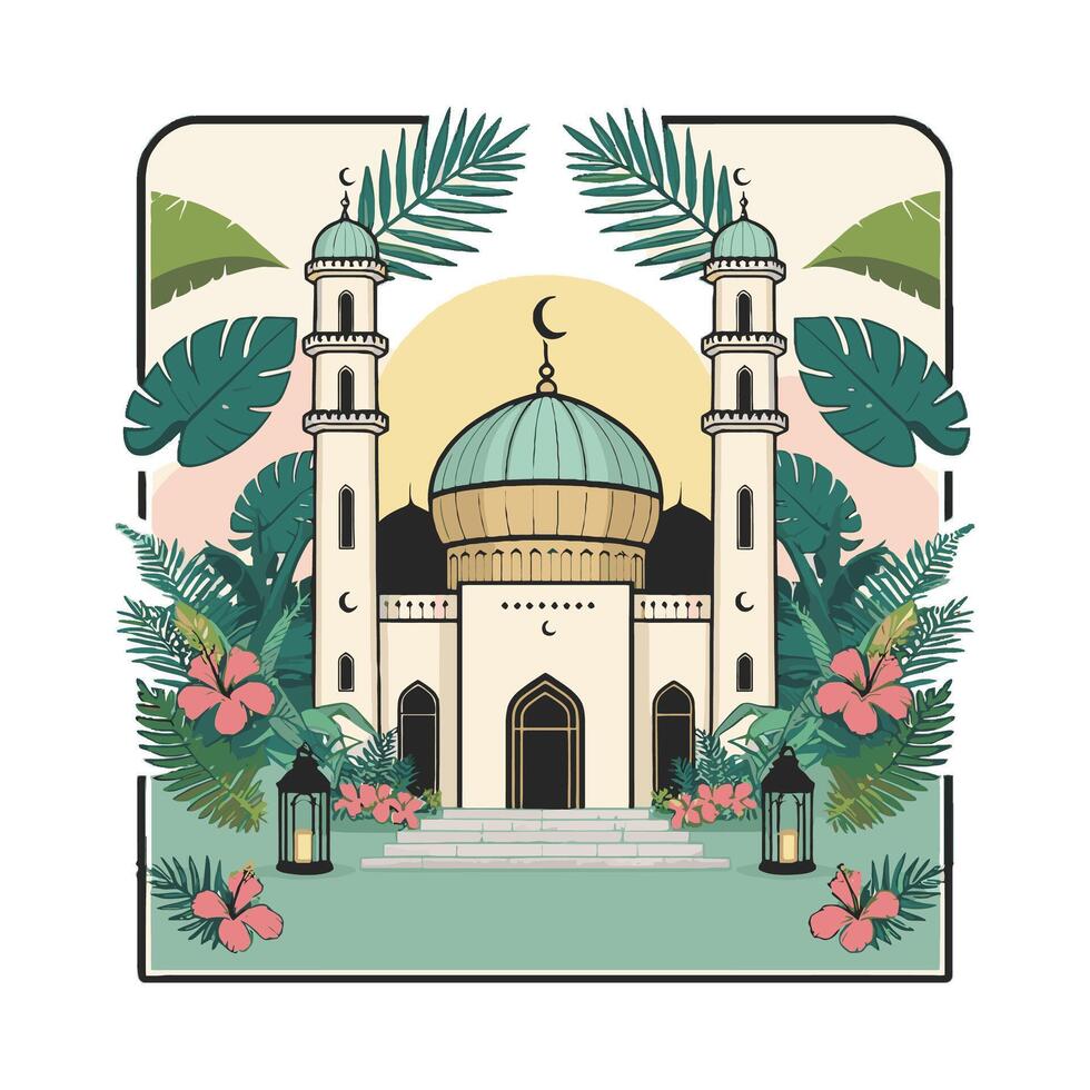 Islamic mosque with palm trees and lanterns vector