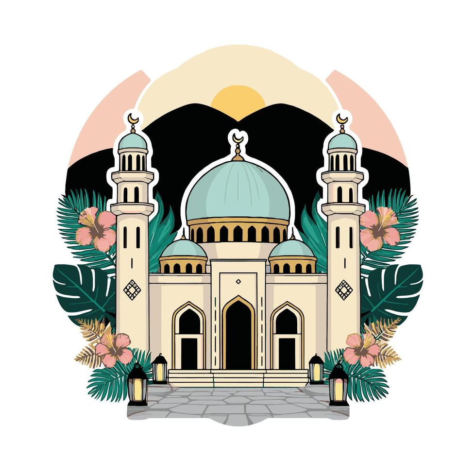 Islamic mosque with palm trees and flowers vector