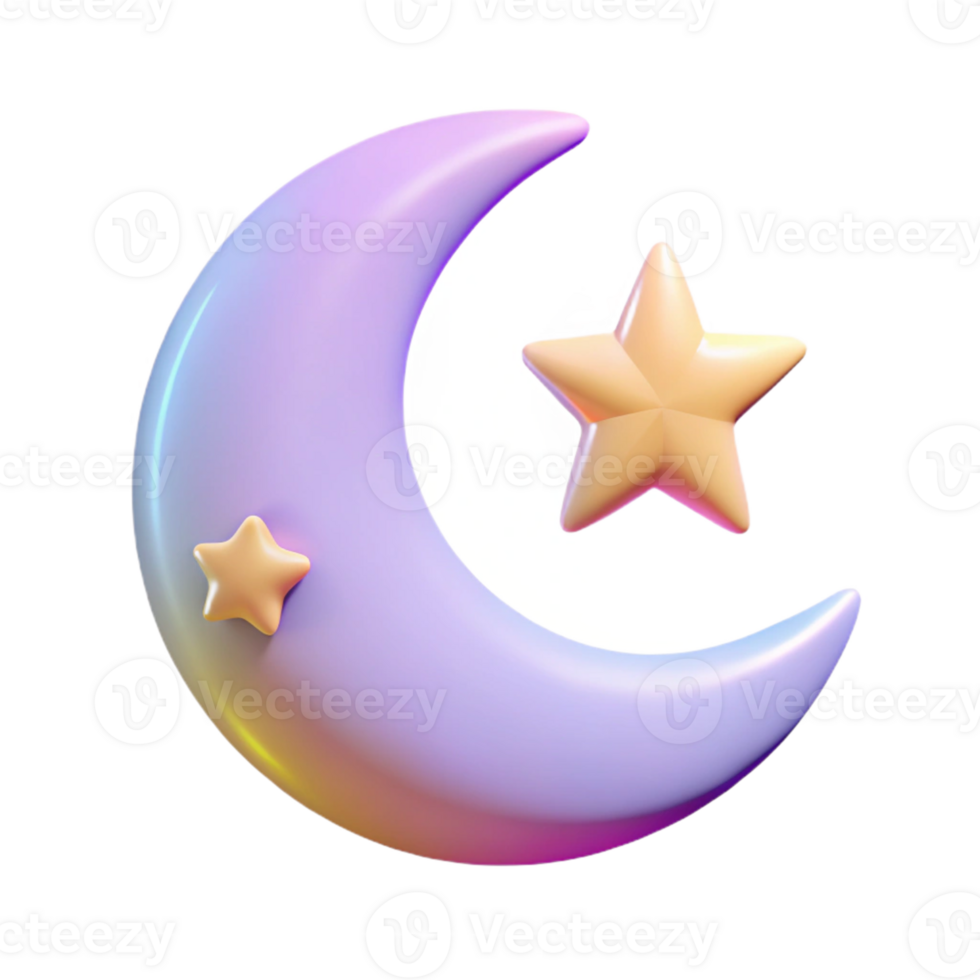 Crescent Moon and Stars 3D Render png