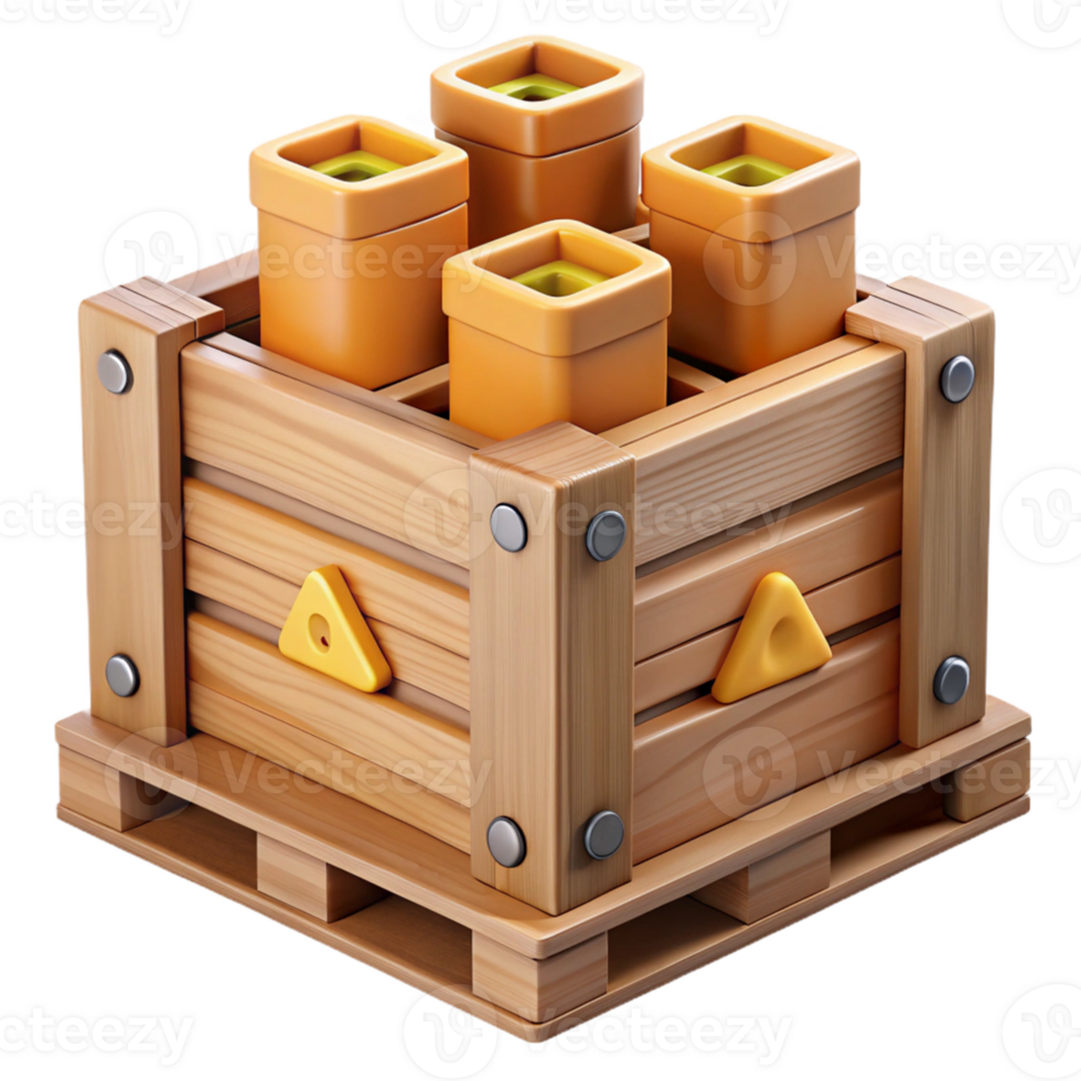 Wooden Crate with Yellow Containers 3D Illustration png