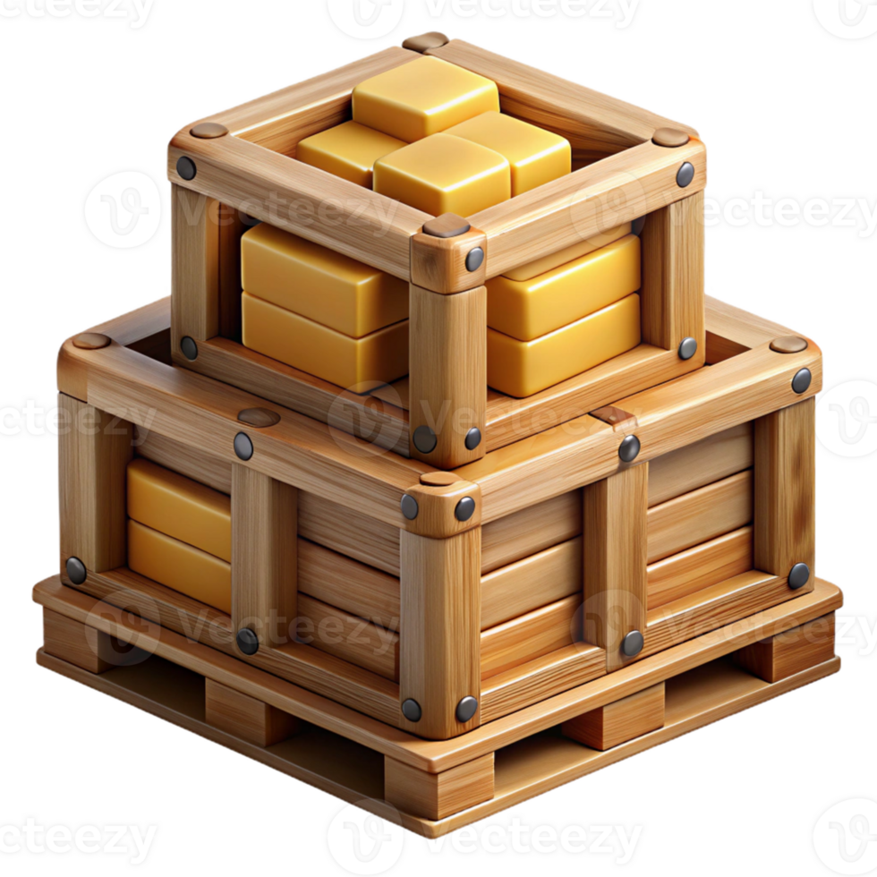 3D Wooden Crate with Gold Blocks Illustration png
