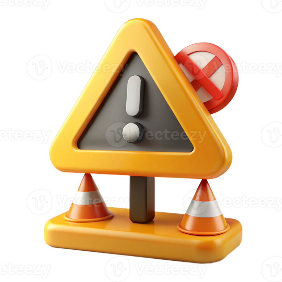 3D Illustration of Caution Sign with Cones png