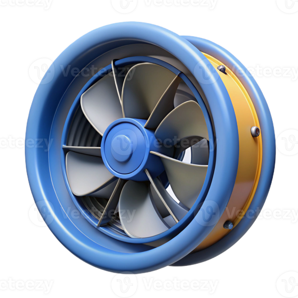 3D Render Blue and Yellow Industrial Fan Illustration png