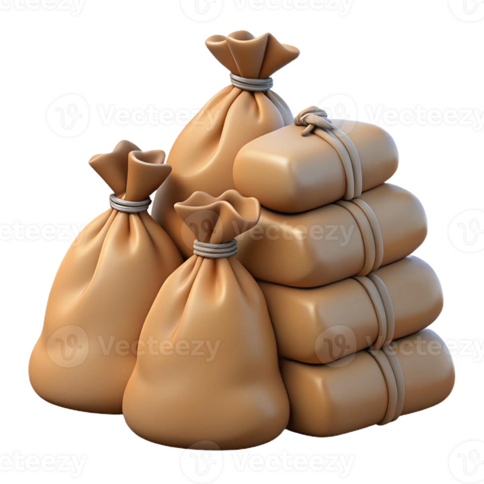 3D Render of Burlap Sacks and Bundles png
