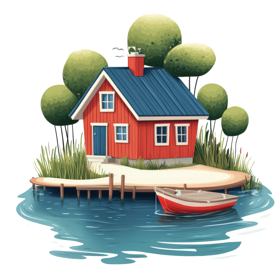 Charming Cartoon House on Water Illustration for Kids Decor on transparent background png
