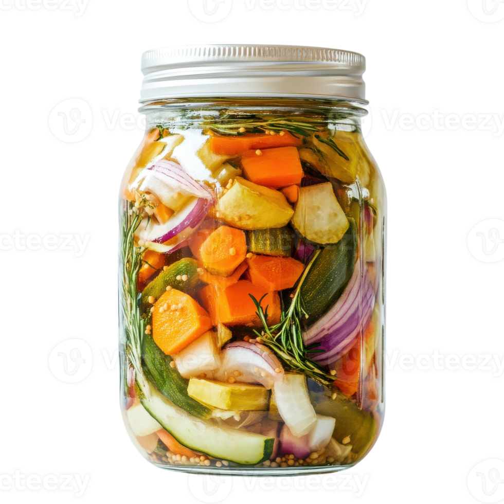 Glass Jar Filled with Pickled Vegetables for Culinary Uses on Transparent Background png