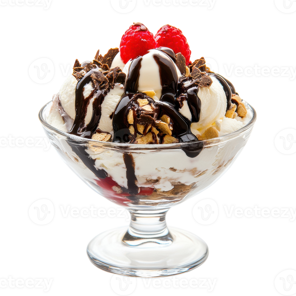 Delicious Ice Cream Sundae in a Glass Bowl for Dessert Inspiration on Transparent Background png