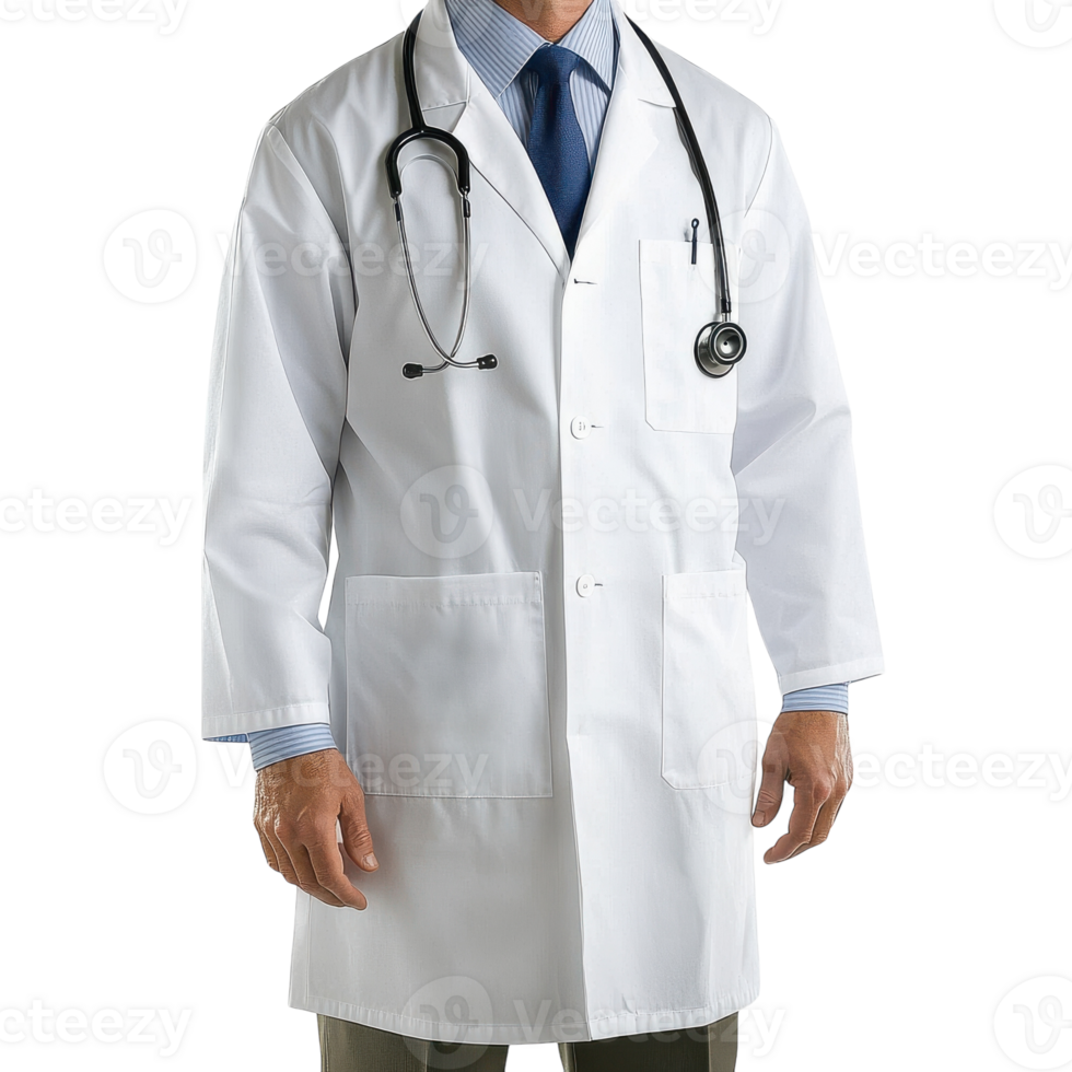 Male Doctor in White Lab Coat with Stethoscope for Medical Solutions on Transparent Background png