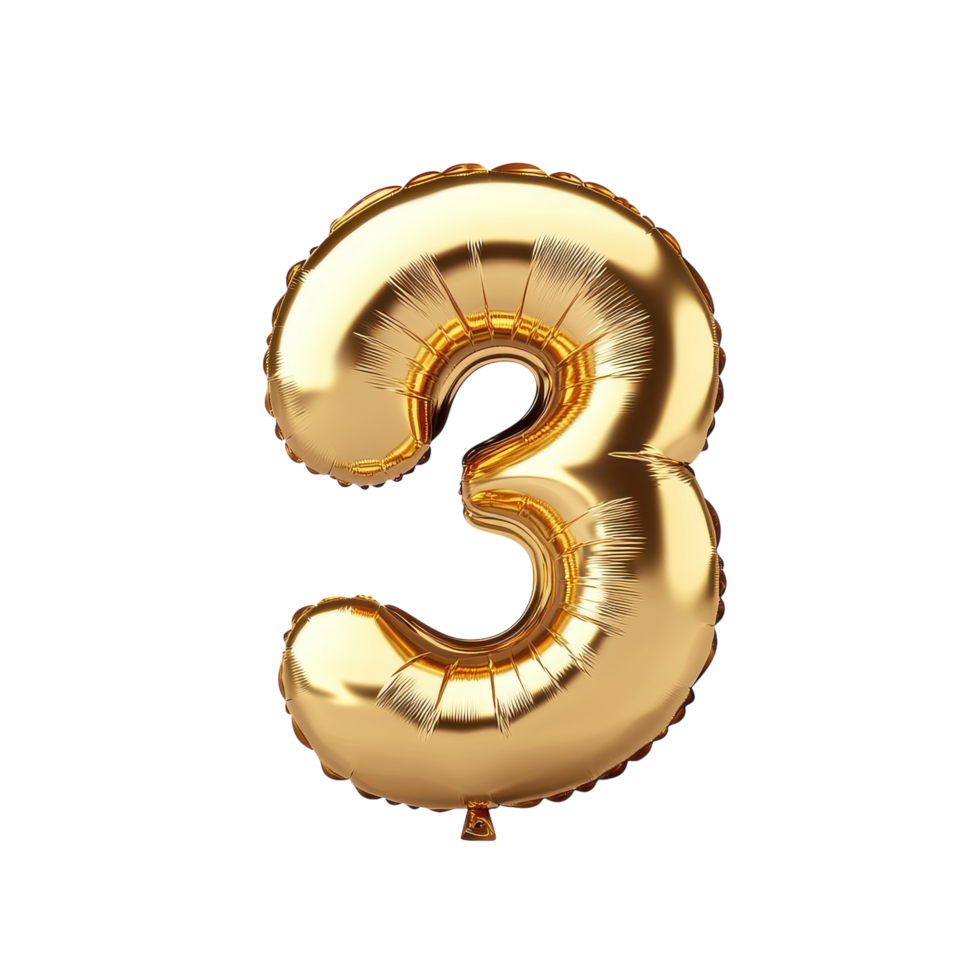 Stylish Golden Balloon Three Font on White Background for Celebratory Themes on Transparent Background png
