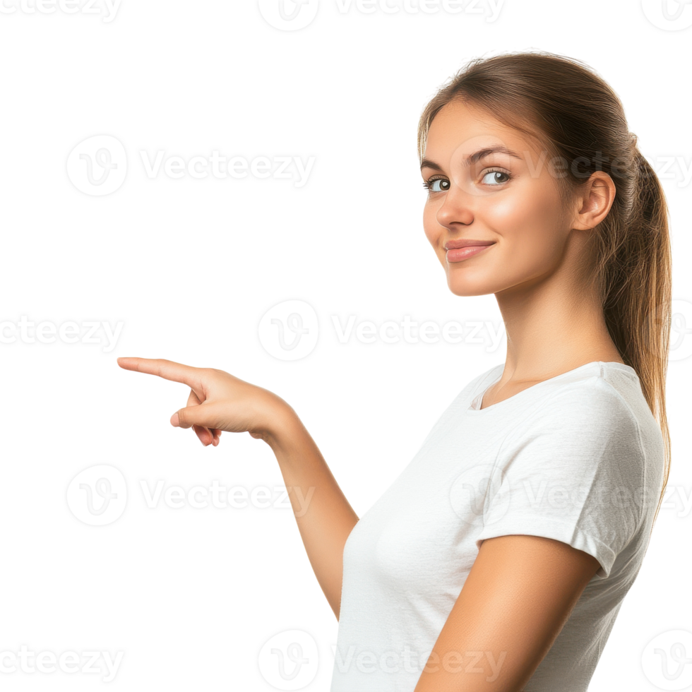 Confident Woman Gesturing to the Side in a Fashionable Setting on Transparent Background png