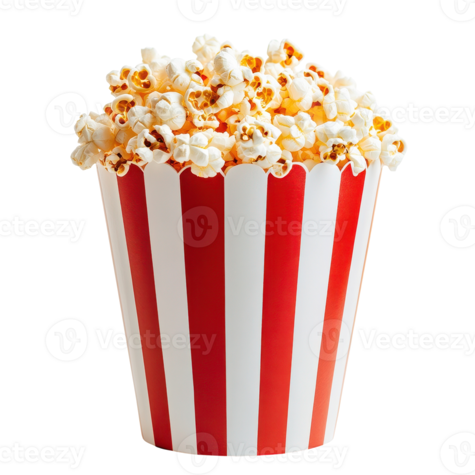 Red and White Popcorn Bucket on White Background for Cinematic Promotions on Transparent Background png
