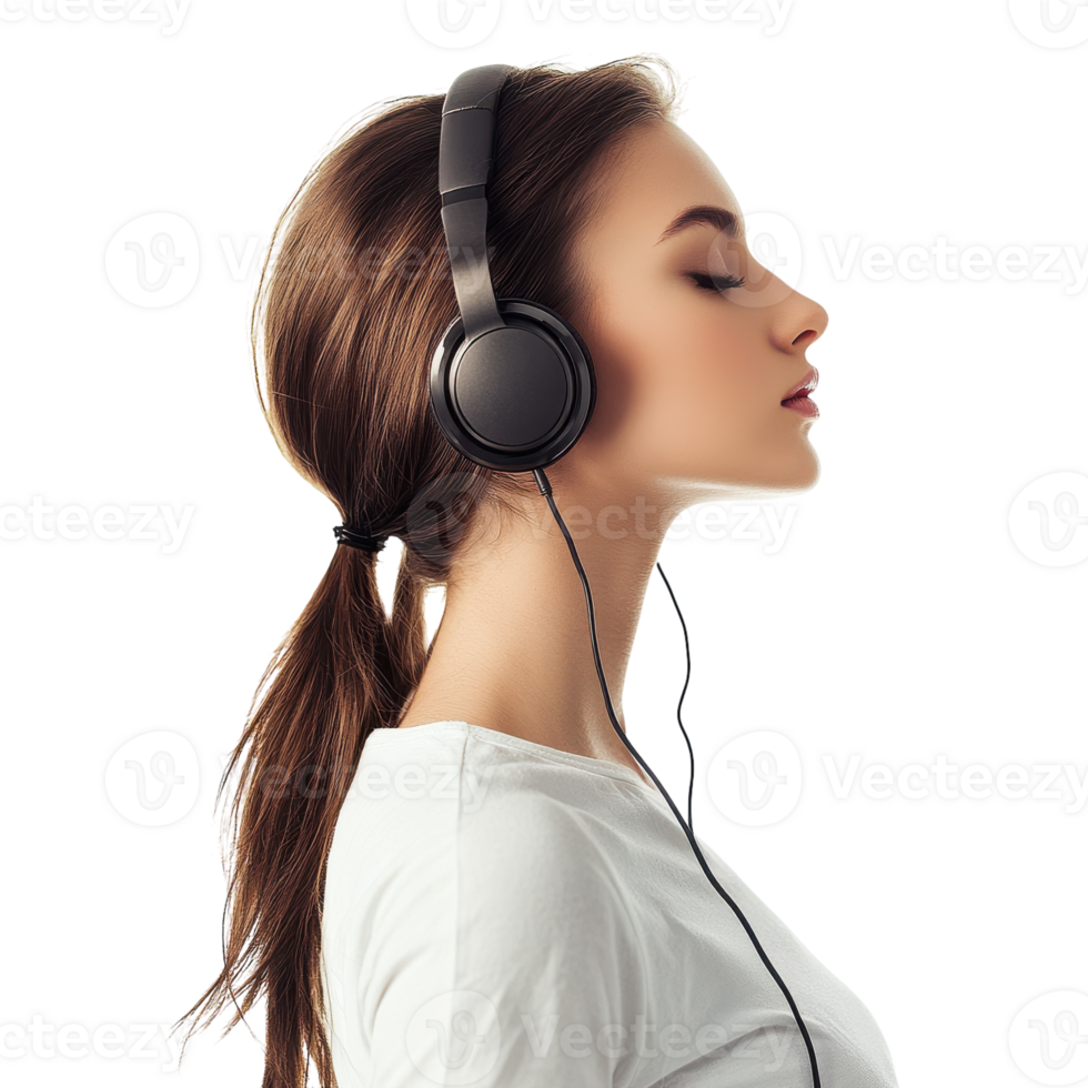 Side View of a Beautiful Woman with Headphones for Music Inspiration on Transparent Background png