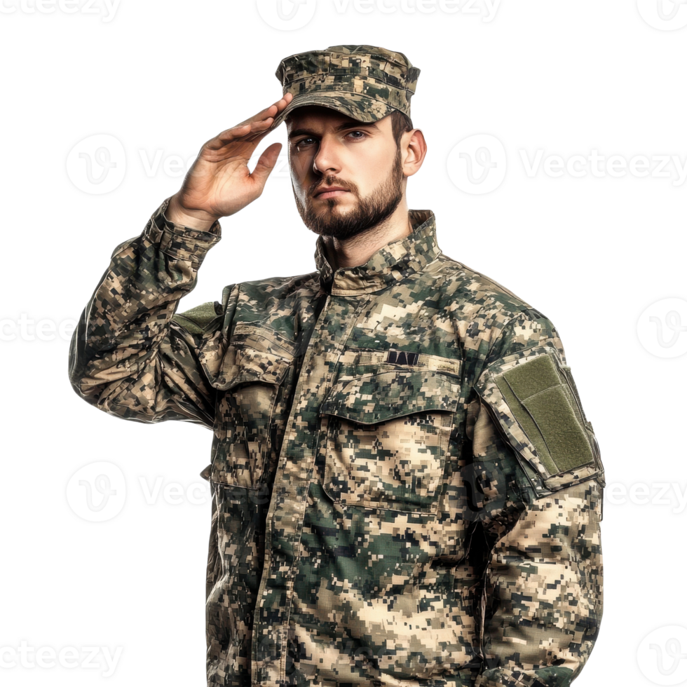 Soldier in Camouflage Uniform Saluting - Recognizing Service and Valor on Transparent Background png