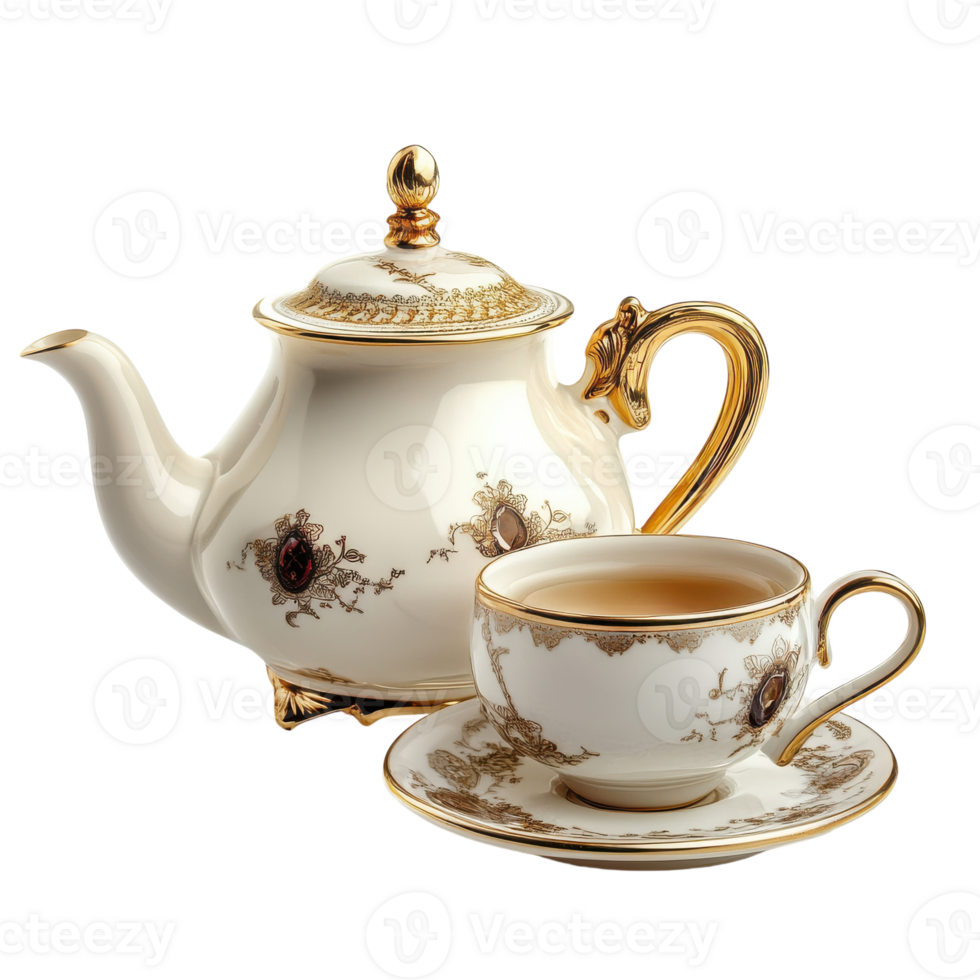 Elegant Teapot and Teacup Set for Afternoon Tea Experience on Transparent Background png