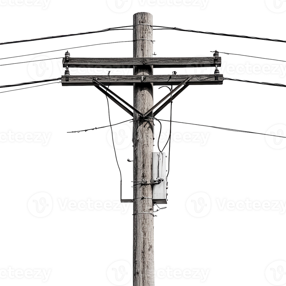 Utility Pole with Wires for Electrical Distribution on Transparent Background png