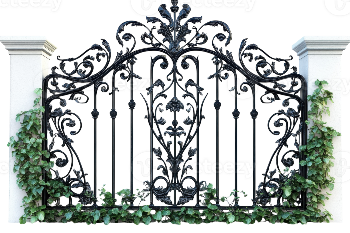 Decorative wrought iron gate adorned with ivy in a serene garden setting png