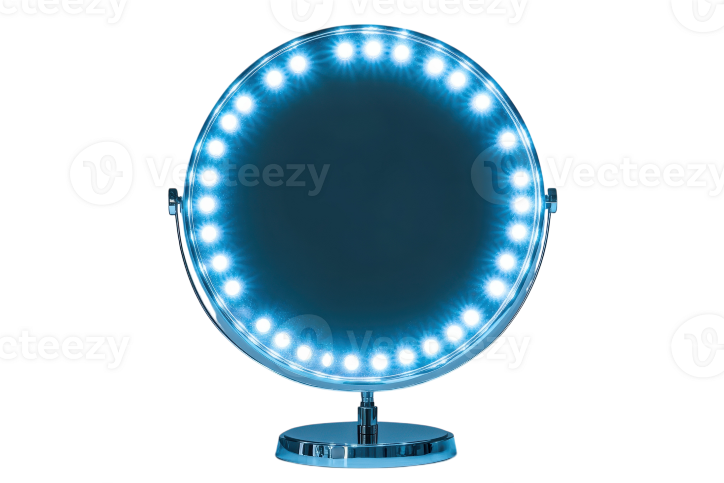 Stylish round mirror with LED lights perfect for makeup application in modern vanity setup png