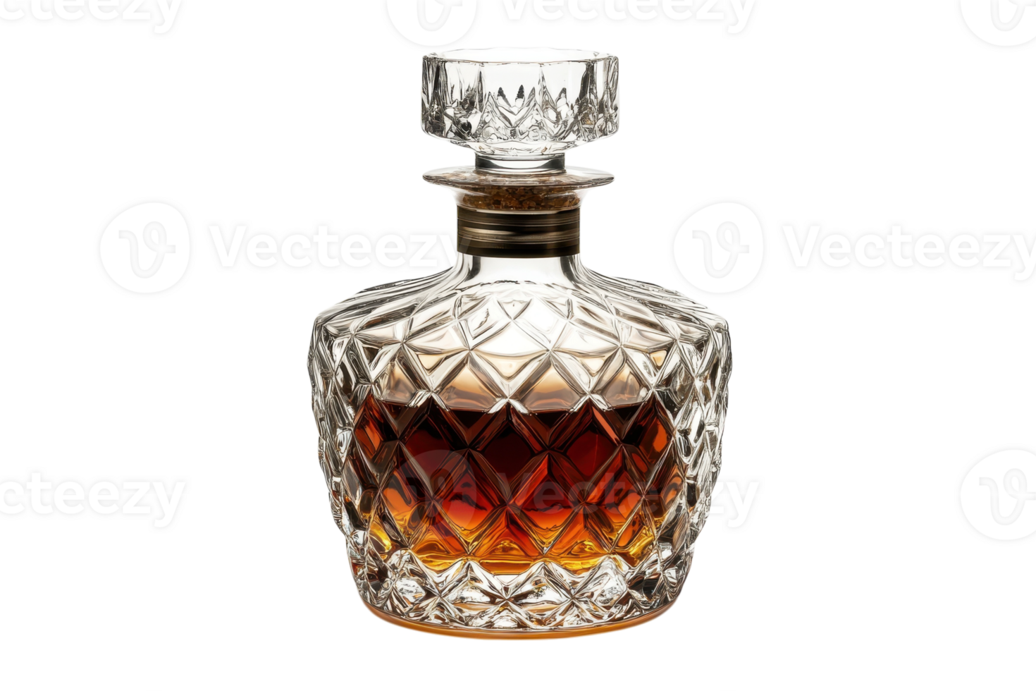 Elegant crystal decanter filled with rich amber liquor on a white background for home bar decoration png