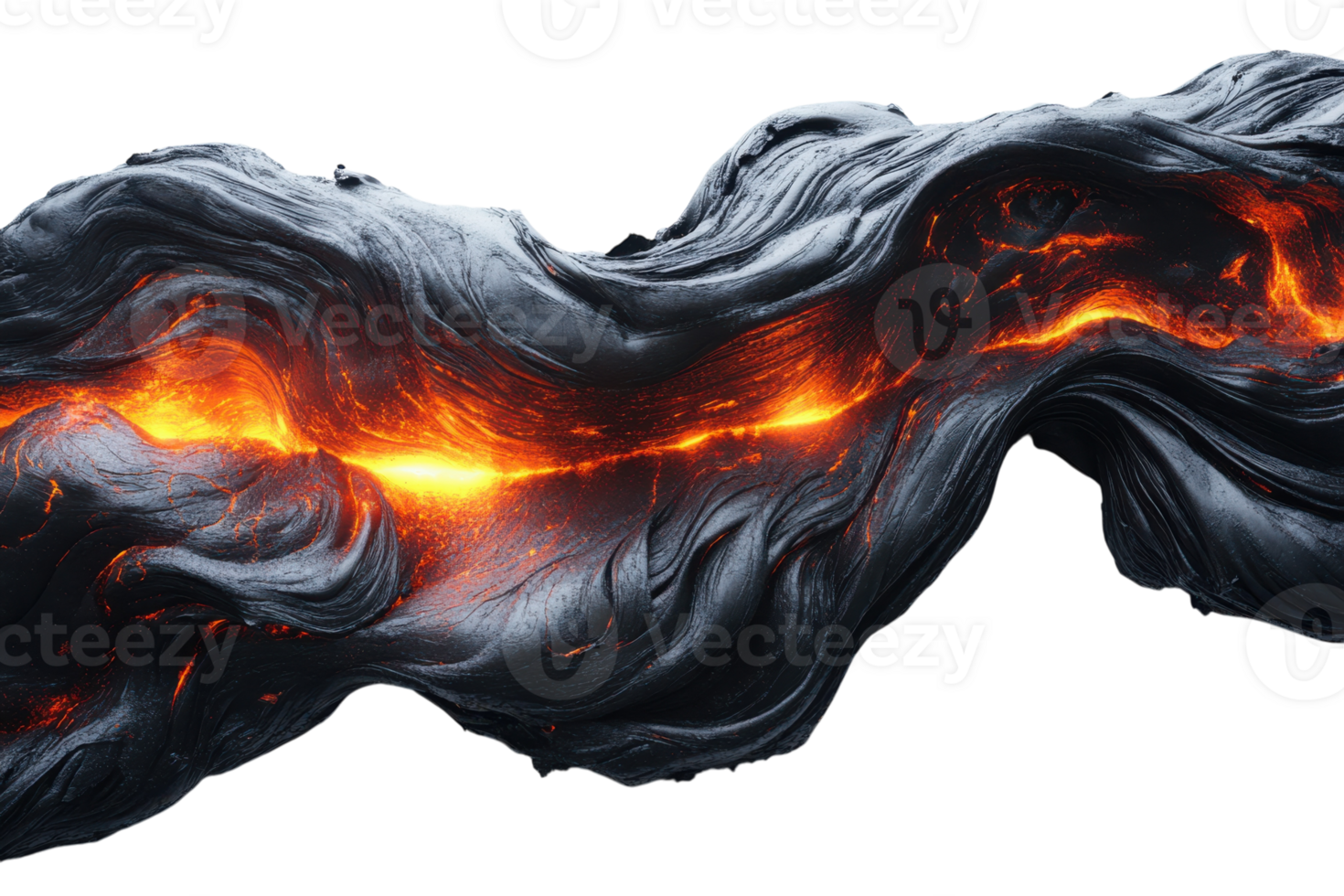 Lava flow winding through rugged terrain with glowing, molten rock during volcanic activity in a remote landscape png
