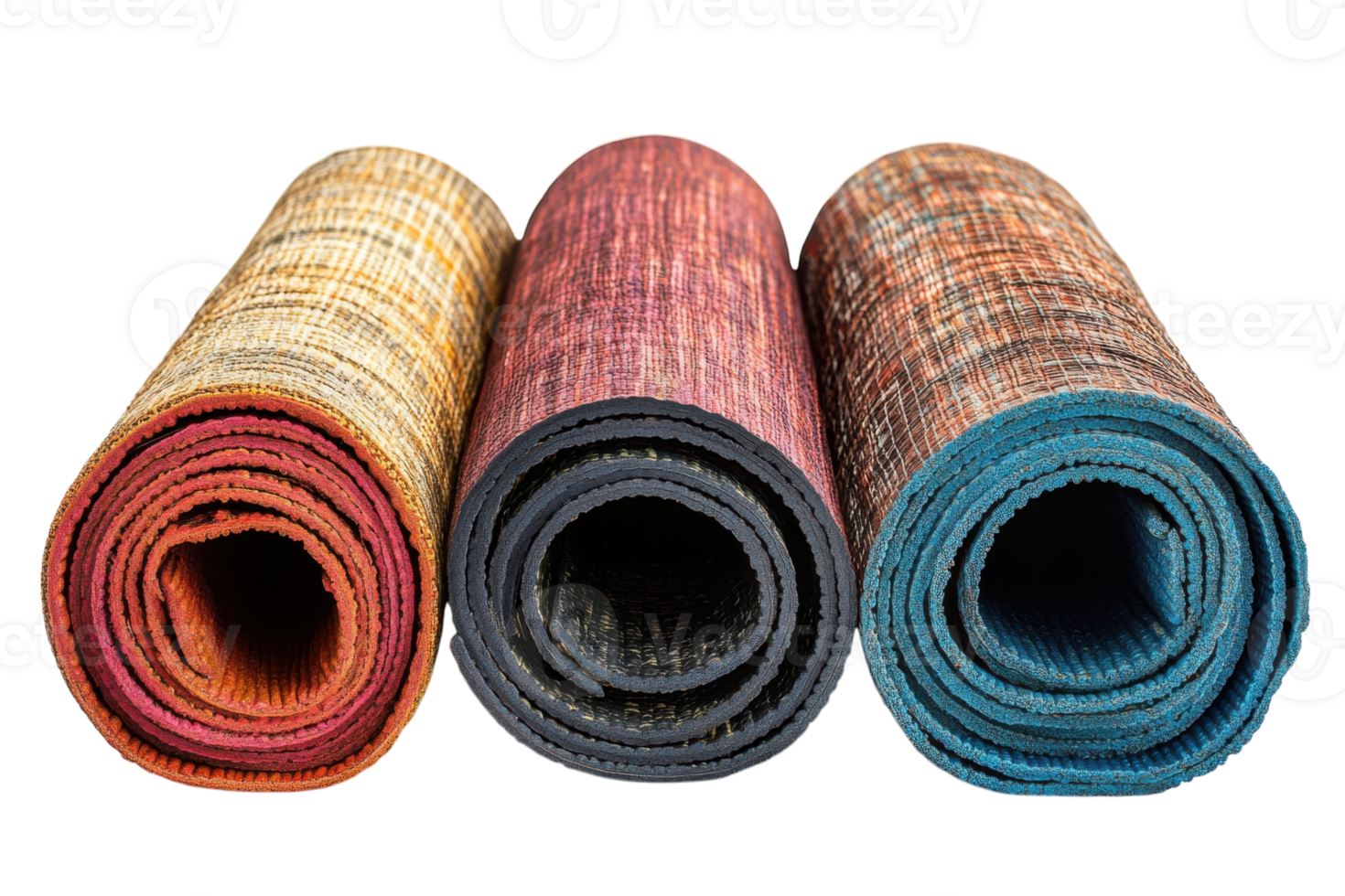Colorful rolled mats in various textures and patterns displayed together on a plain background png