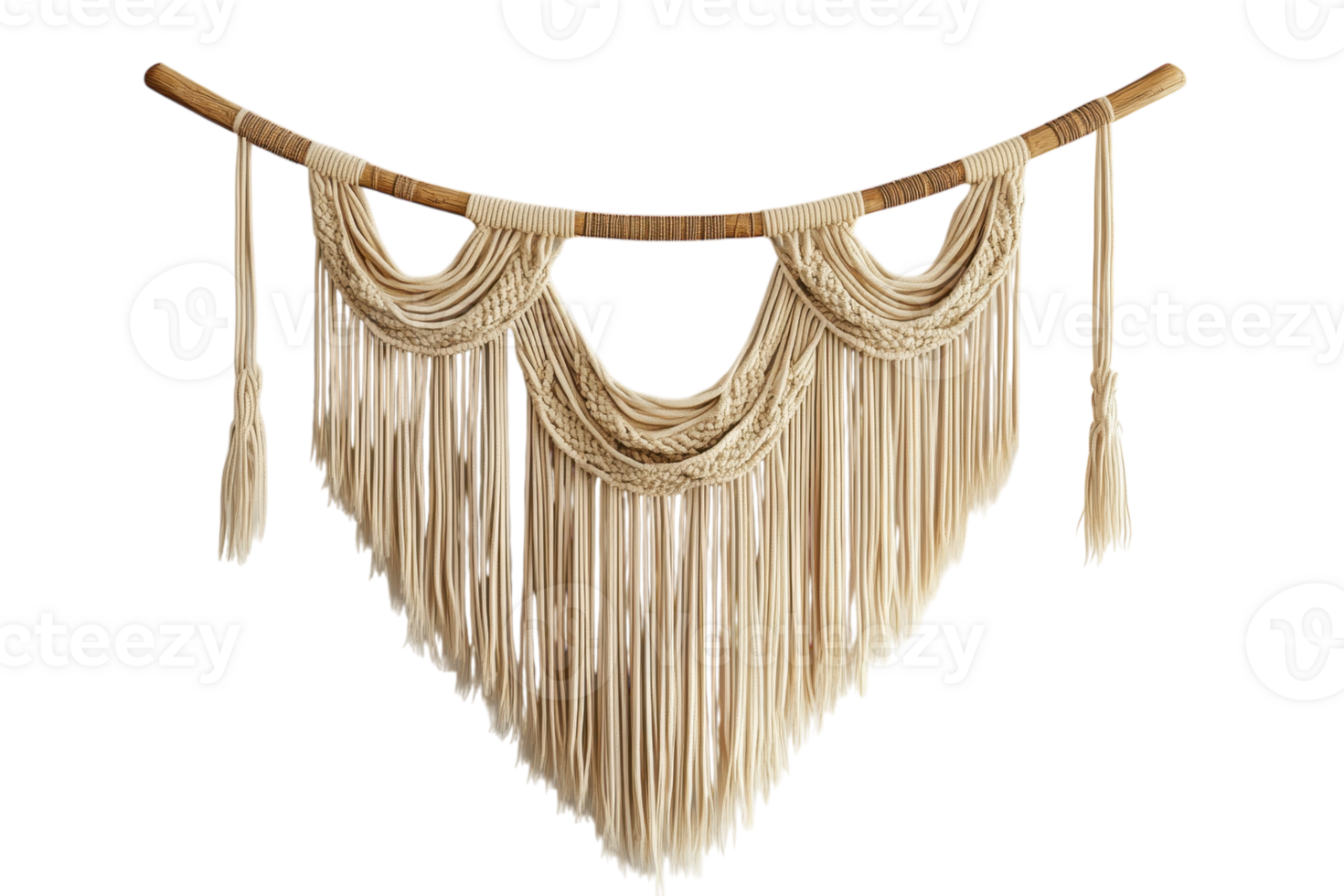 Woven macrame wall hanging crafted from natural fibers enhances interior decor in a cozy living space png