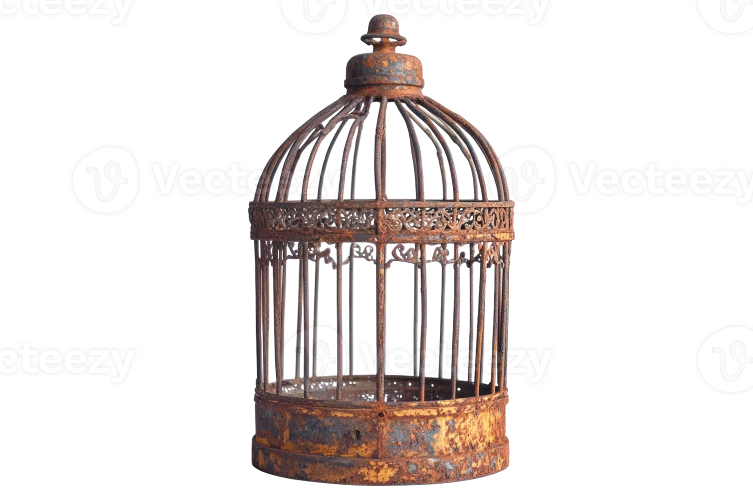 Rustic vintage birdcage sitting on display highlighting intricate metalwork and weathered texture png