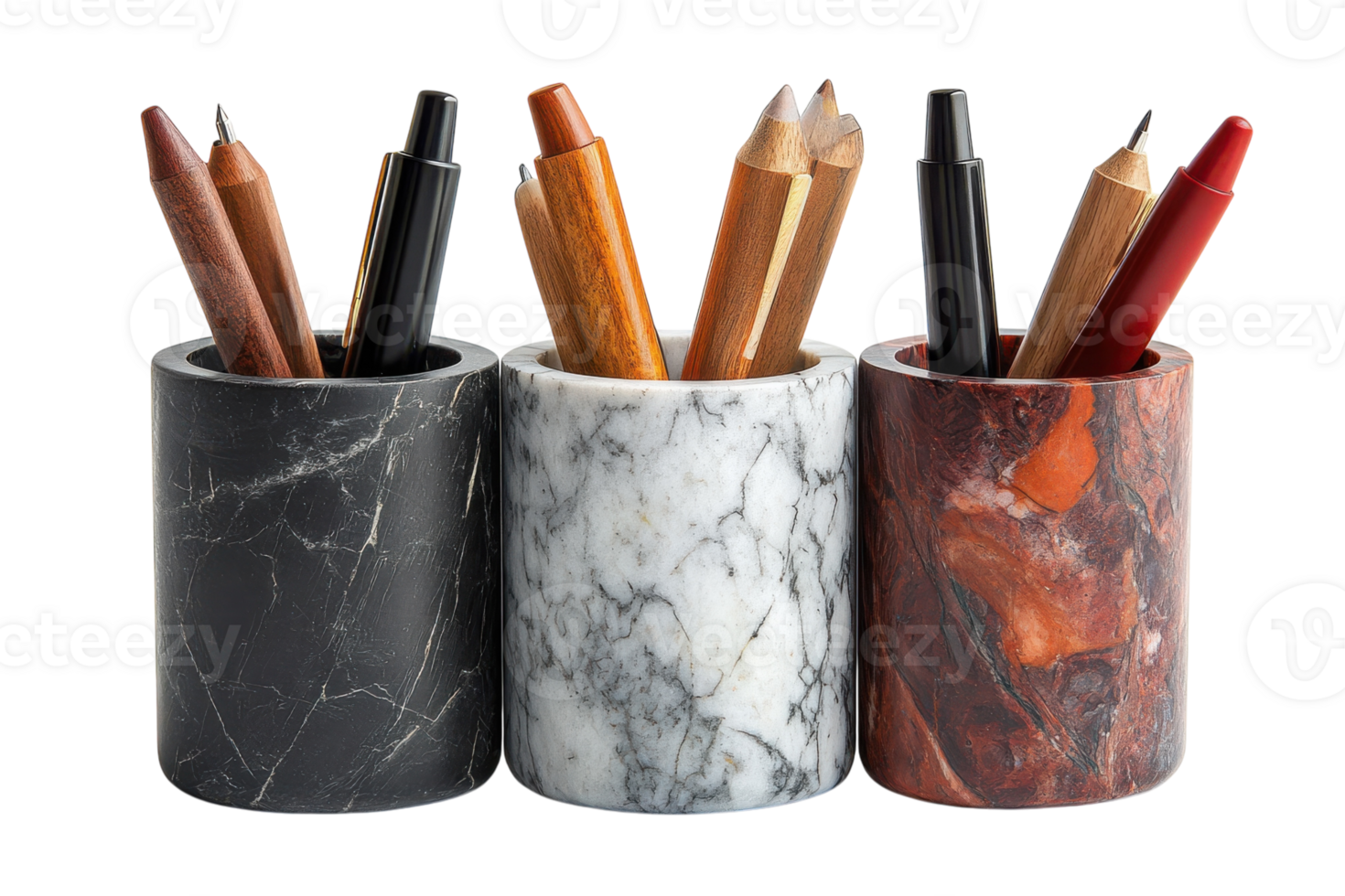 Stylish marble pen holders displaying various writing instruments in a modern workspace setting png