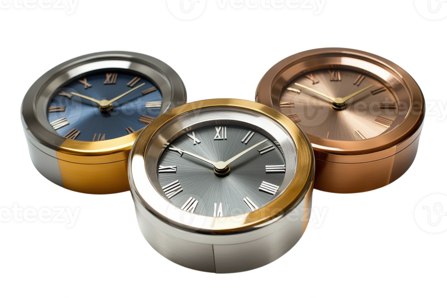 Three elegant desk clocks in silver, gold, and bronze showcasing classic Roman numerals and refined craftsmanship png
