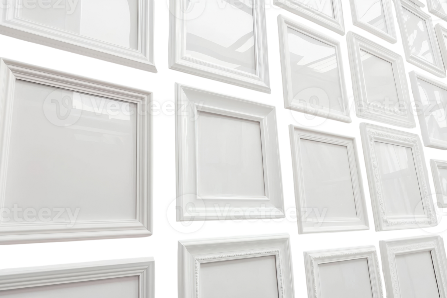 White picture frames arranged on a wall create a clean and modern display, inviting creativity and personalization png