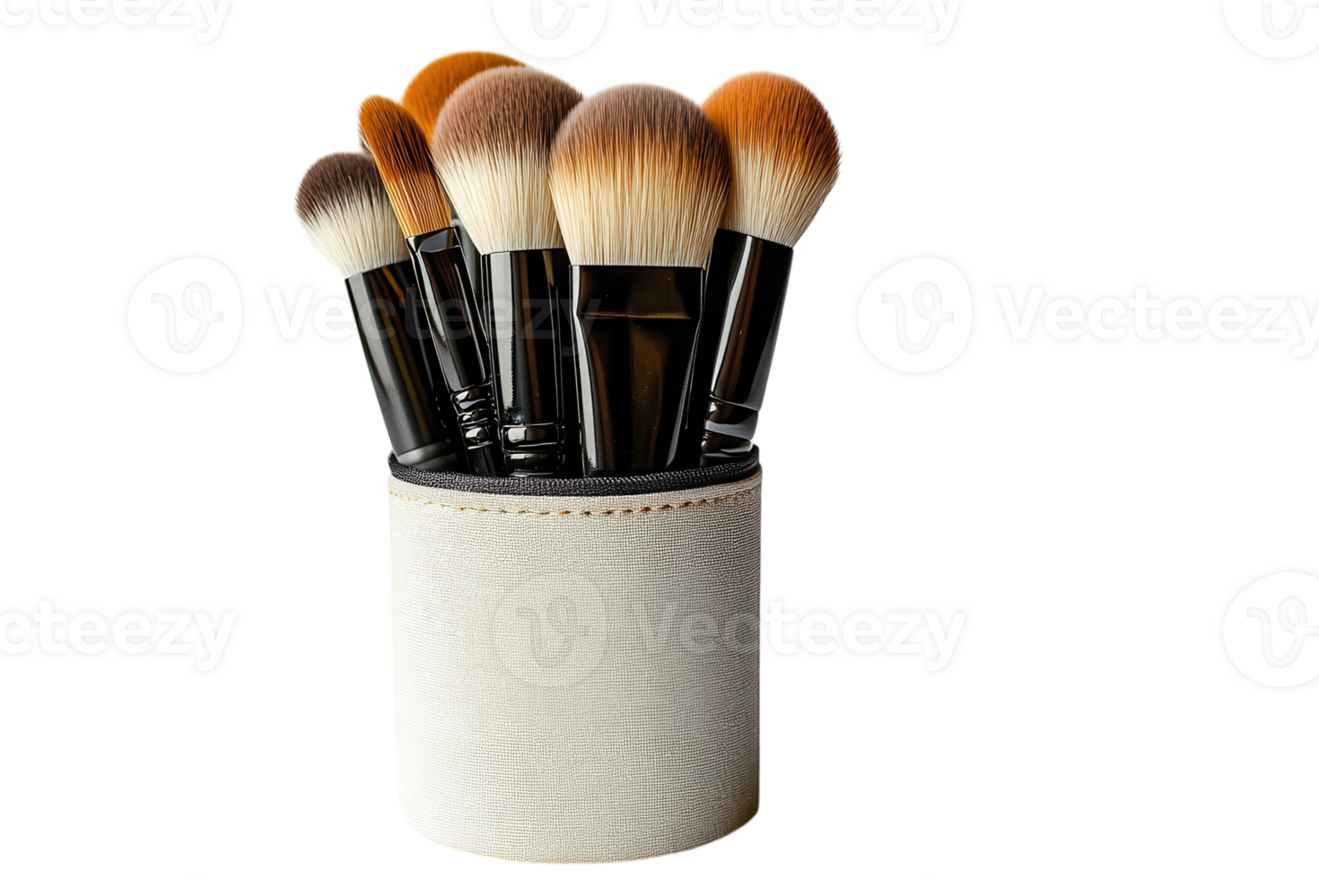 Brushes arranged neatly in a decorative holder on a clean surface for makeup application png