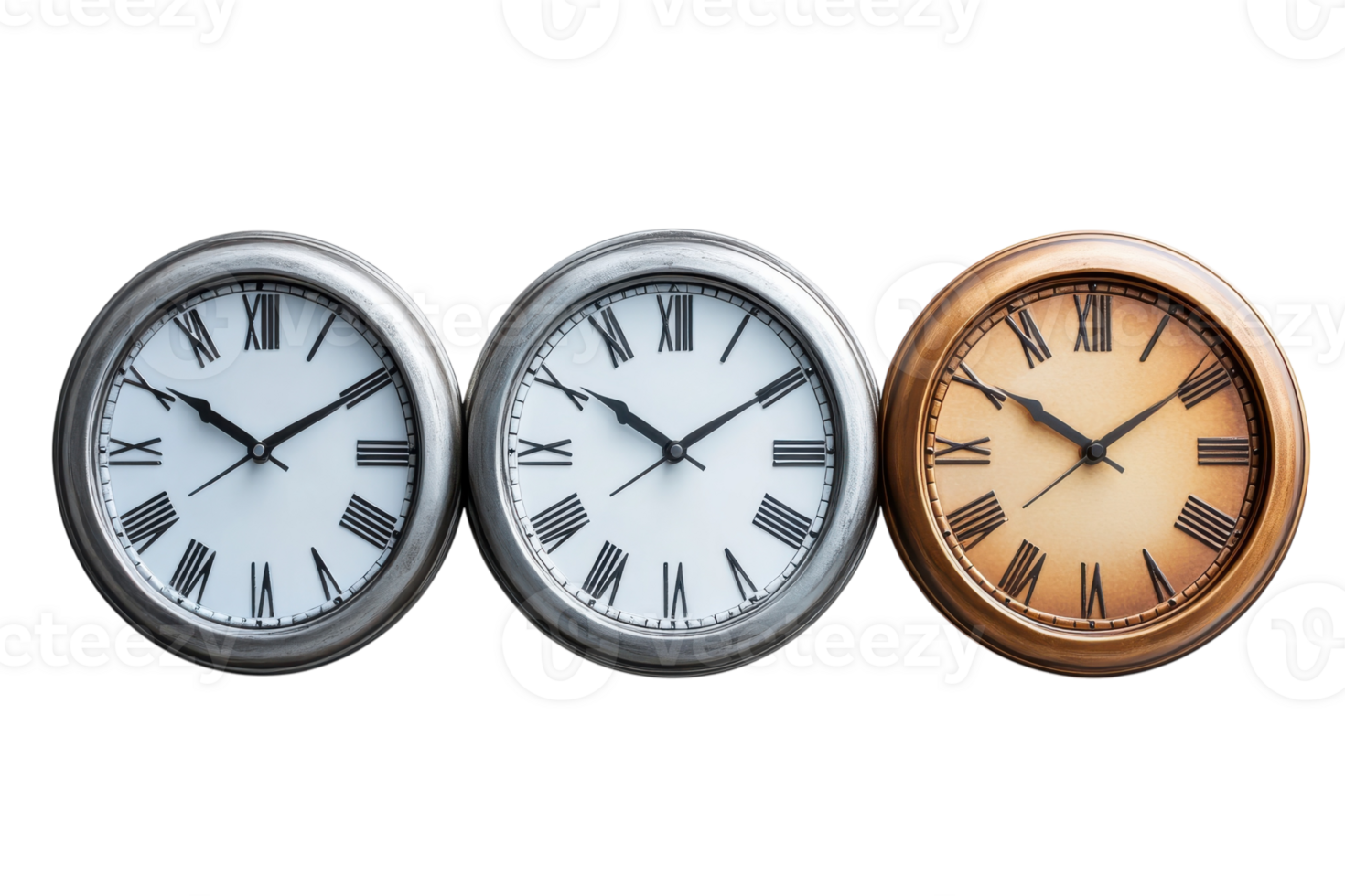 Wall clocks in various styles showcasing different colors and designs in a decorative arrangement png