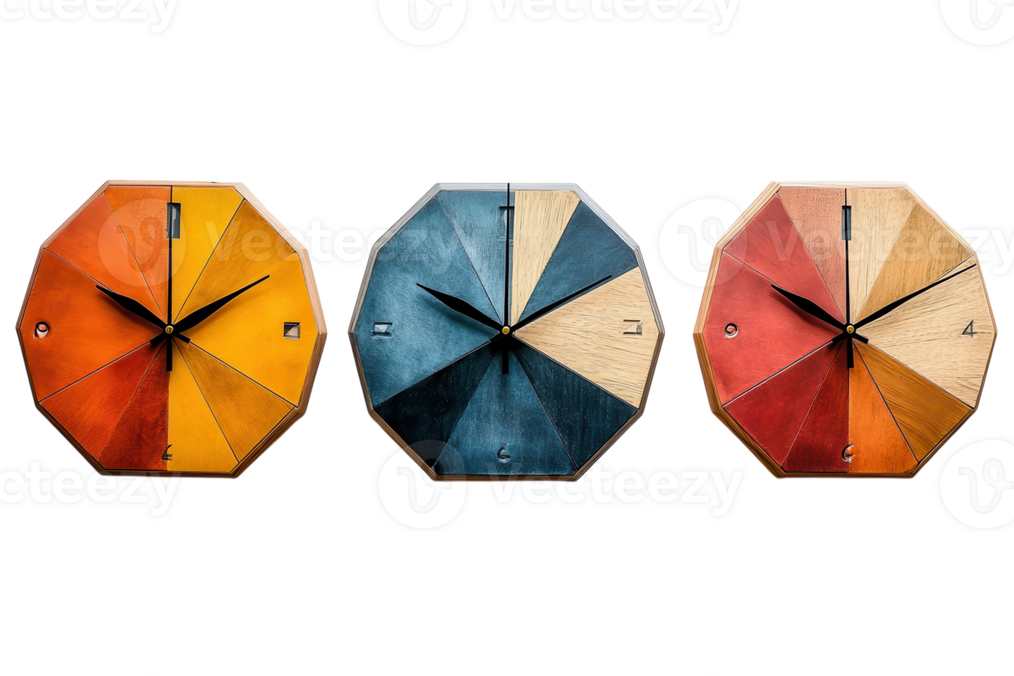 Unique octagonal wall clocks in vibrant colors showcasing modern design and craftsmanship png