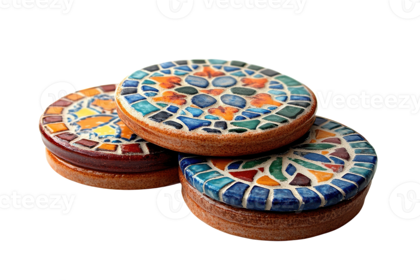 Colorful handmade ceramic coasters in vibrant patterns and designs created by artisans in a local workshop png