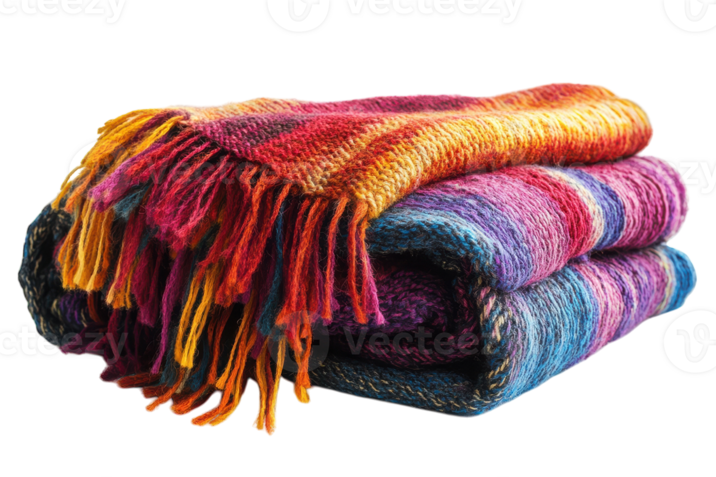 Vibrant, handwoven blankets showcasing intricate patterns and bright colors stacked together in a cozy display png