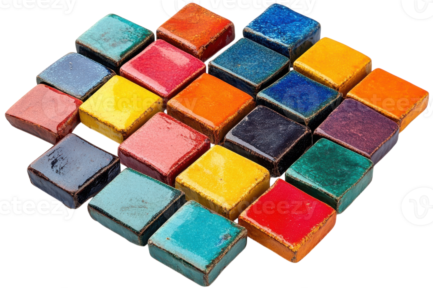 Colorful art supplies arranged in a square pattern on a white surface for creative projects png