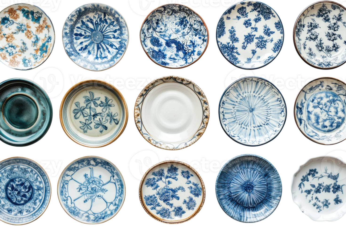 Decorative ceramic plates arranged in a grid showcasing intricate designs and patterns png