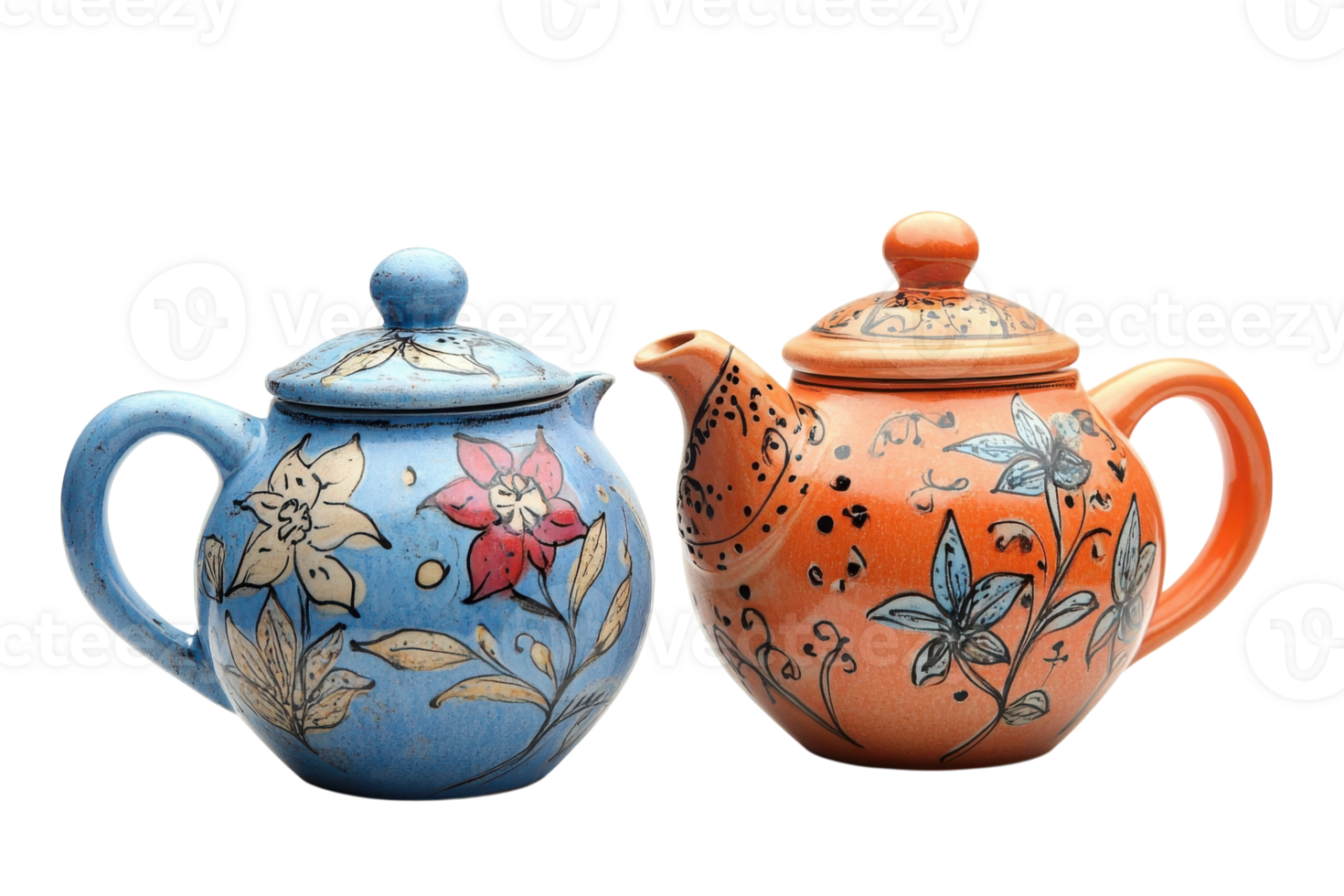 Two beautifully crafted teapots with floral designs showcasing vibrant colors and intricate details displayed together png