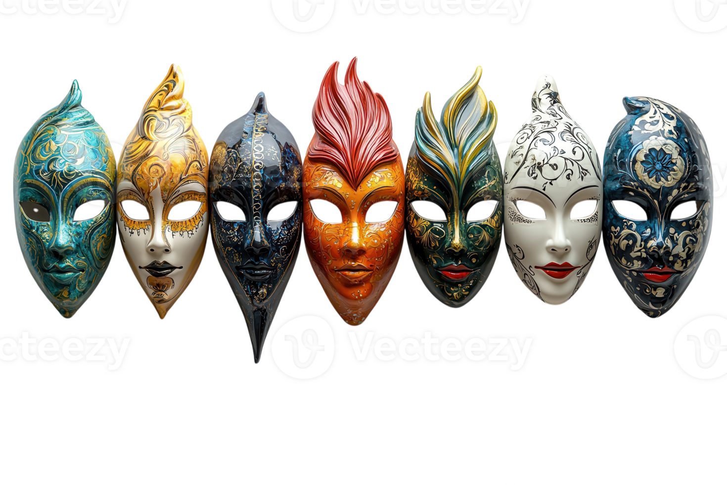 Colorful decorative masks from a cultural festival showcasing various artistic designs and vibrant patterns png