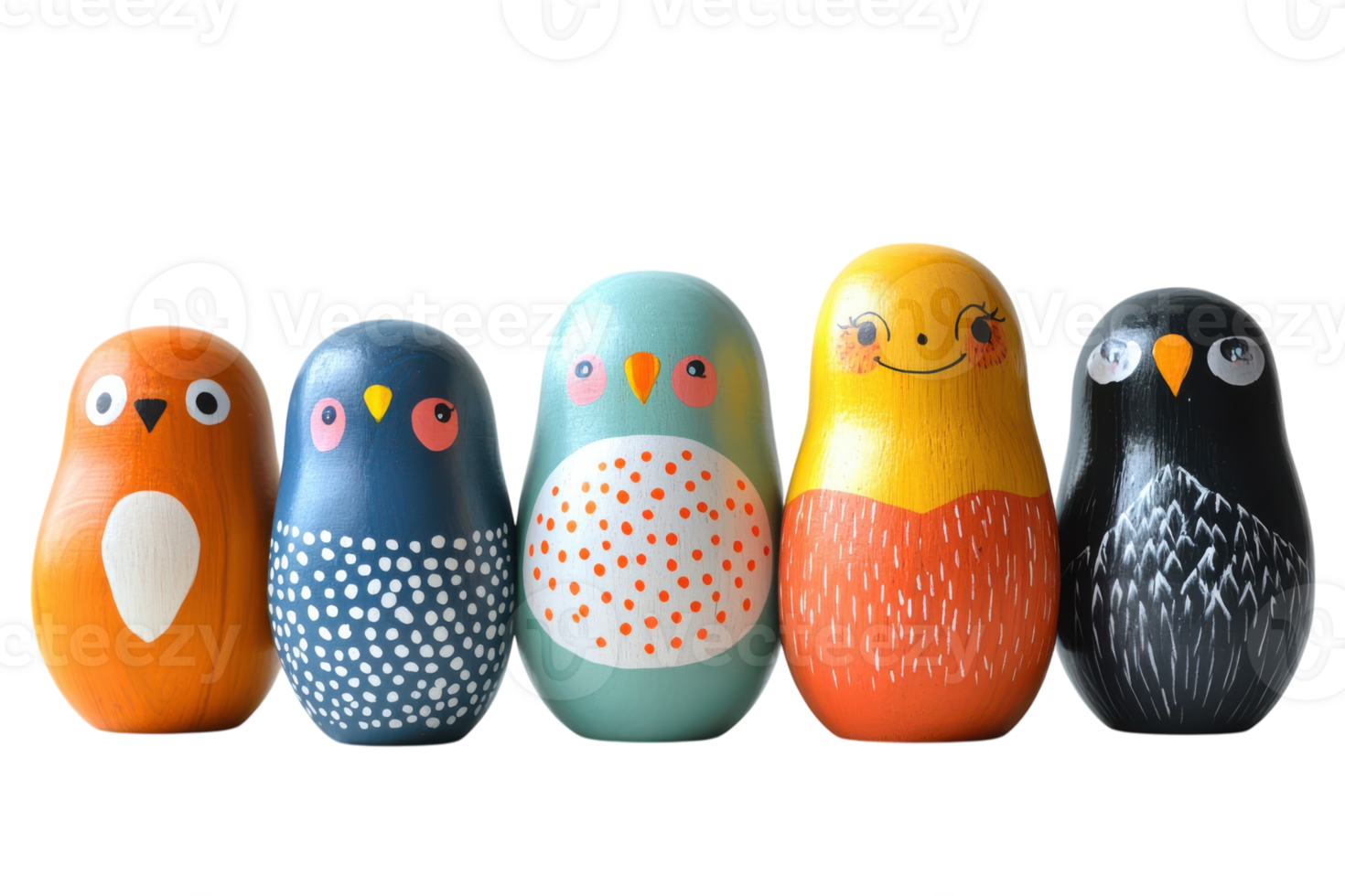 Colorful nesting dolls designed as cheerful birds displayed in a row on a plain background png