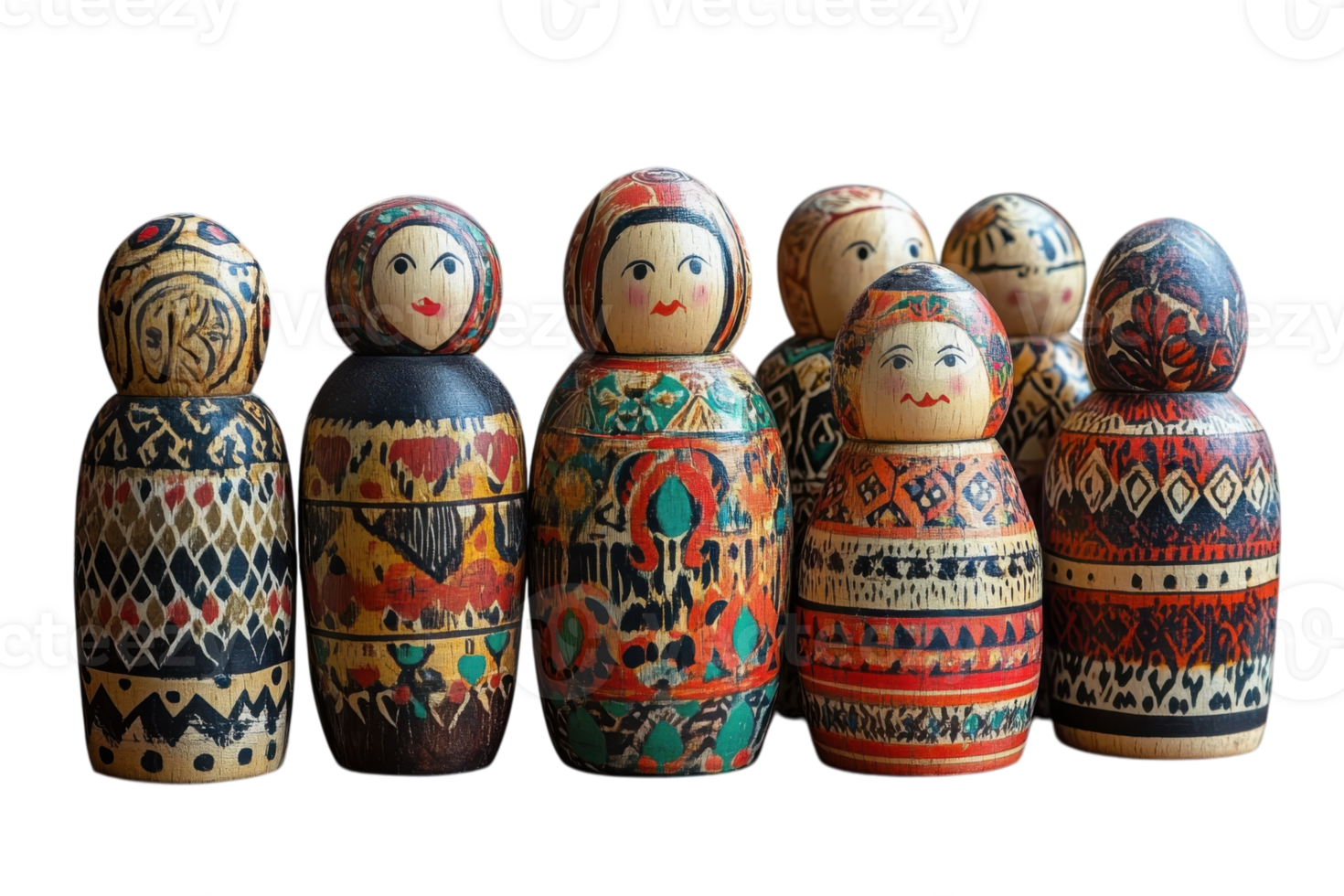 Traditional wooden nesting dolls displayed together showcasing vibrant designs and cultural craftsmanship png