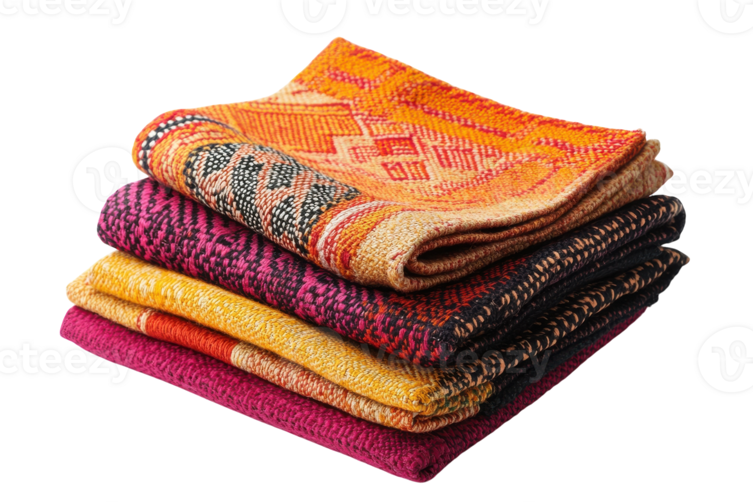 Vibrant collection of woven textiles displayed in a neat stack showcasing intricate patterns and colors png